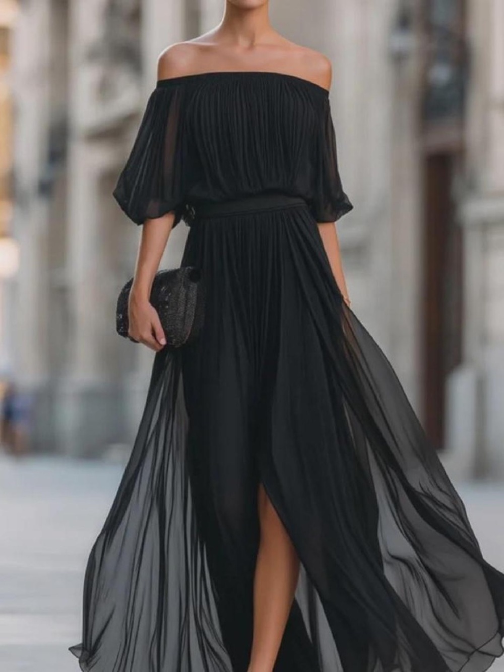Black Off Shoulder Maxi Dress with Pleated Details